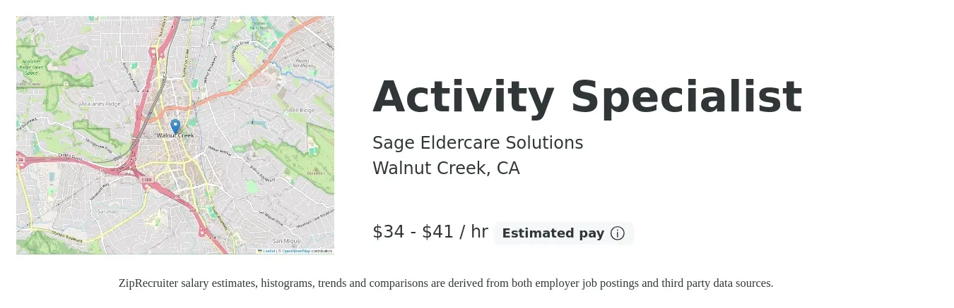 Sage Eldercare Solutions job posting for a Activity Specialist in Walnut Creek, CA with a salary of $36 to $43 Hourly with a map of Walnut Creek location.