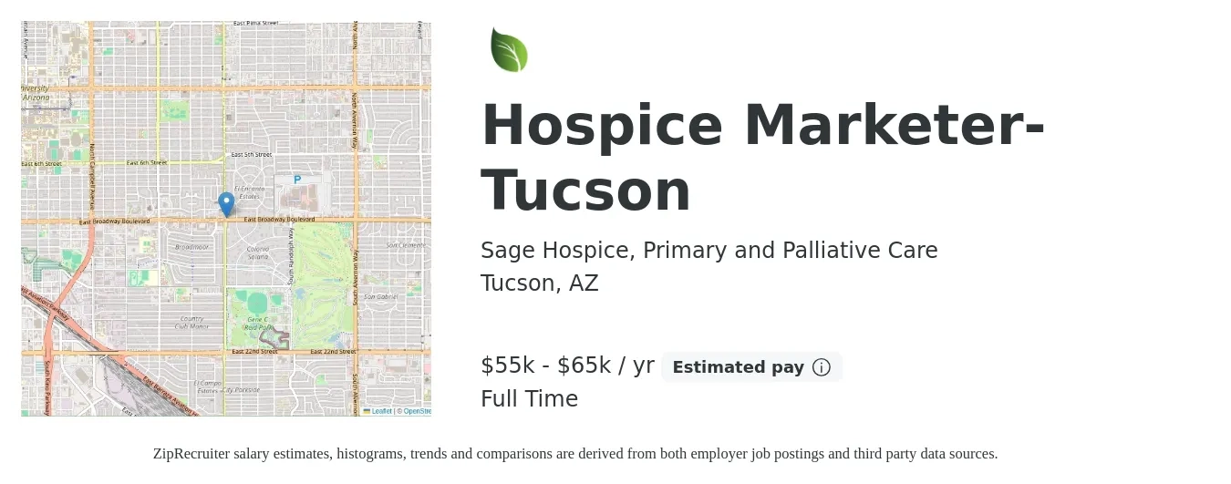 Sage Hospice, Primary and Palliative Care job posting for a Hospice Marketer- Tucson in Tucson, AZ with a salary of $55,000 to $65,000 Yearly with a map of Tucson location.