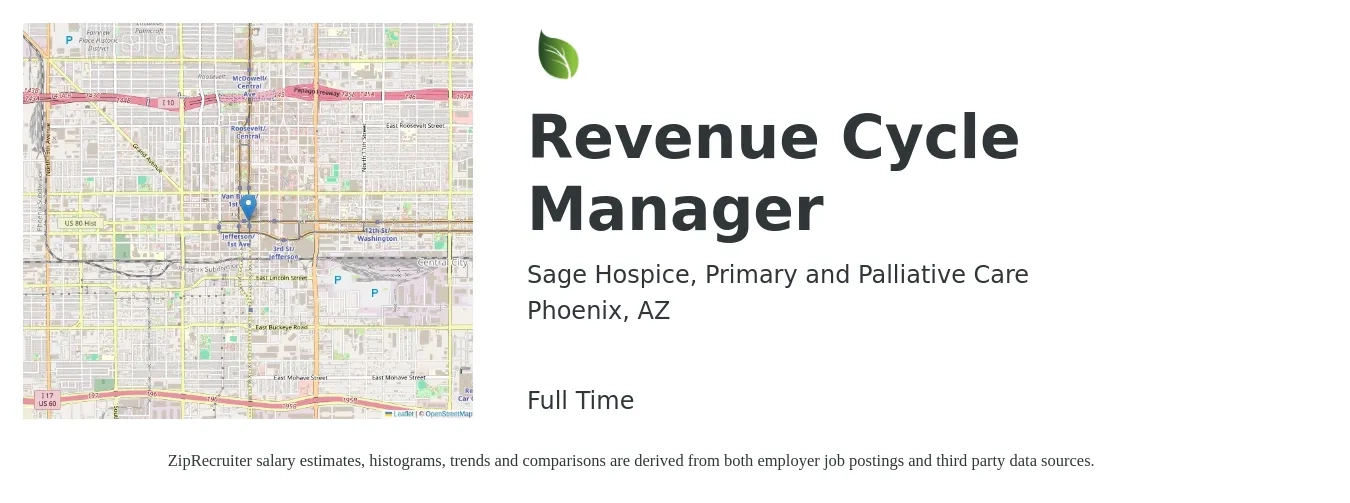 Sage Hospice, Primary and Palliative Care job posting for a Revenue Cycle Manager in Phoenix, AZ with a salary of $62,500 to $91,800 Yearly with a map of Phoenix location.