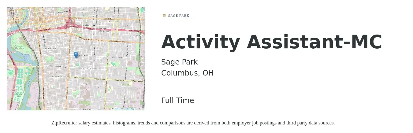 Sage Park job posting for a Activity Assistant-MC in Columbus, OH with a salary of $14 to $18 Hourly with a map of Columbus location.