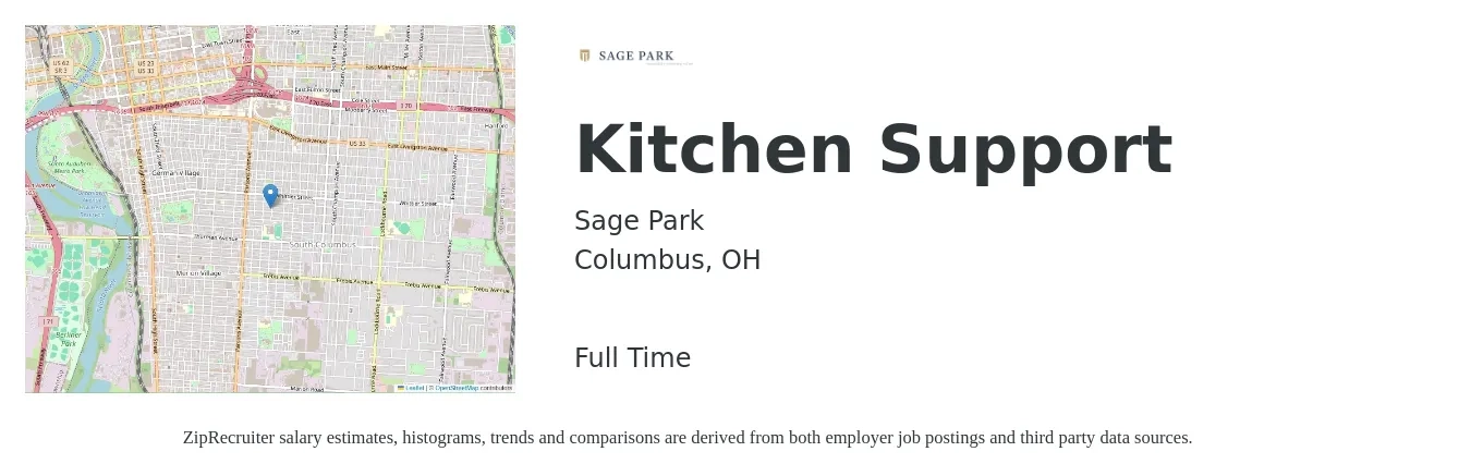 Sage Park job posting for a Kitchen Support in Columbus, OH with a salary of $12 to $16 Hourly with a map of Columbus location.