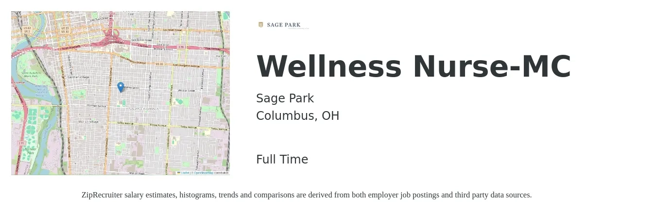 Sage Park job posting for a Wellness Nurse-MC in Columbus, OH with a salary of $26 to $38 Hourly with a map of Columbus location.