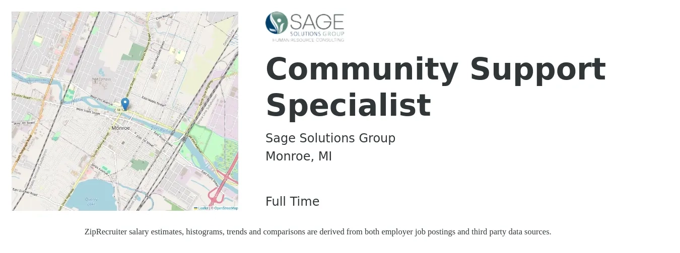 Sage Solutions Group job posting for a Community Support Specialist in Monroe, MI with a salary of $18 to $19 Hourly with a map of Monroe location.