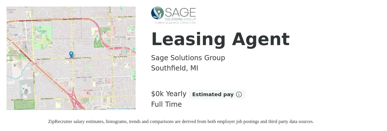 Sage Solutions Group job posting for a Leasing Agent in Southfield, MI with a salary of $19 to $21 Yearly with a map of Southfield location.