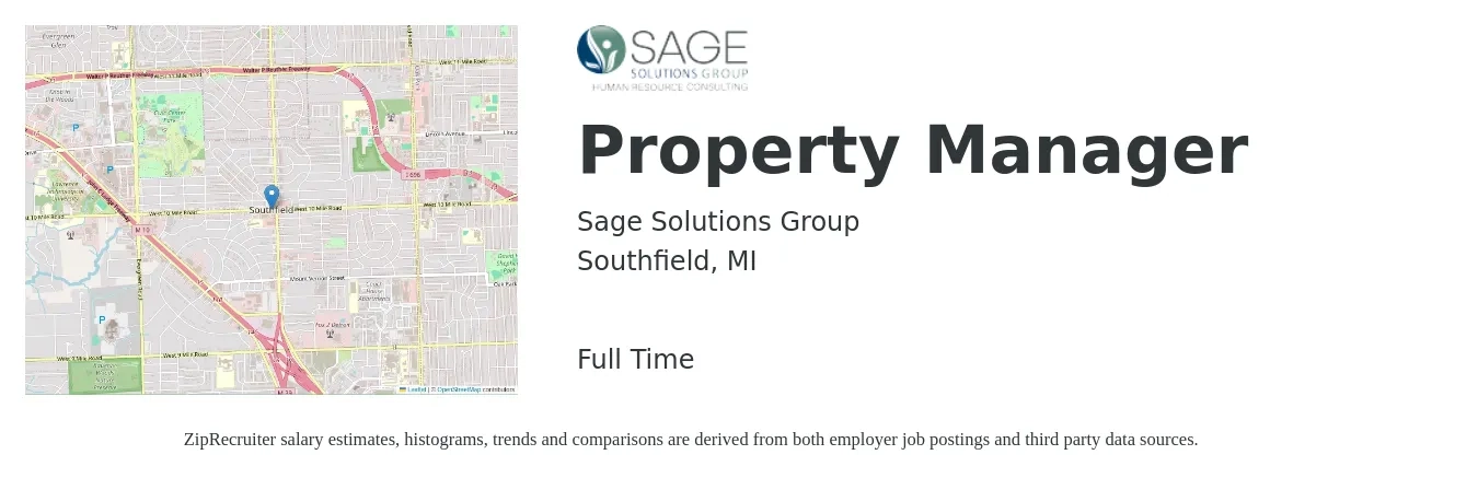 Sage Solutions Group job posting for a Property Manager in Southfield, MI with a salary of $55,000 to $65,000 Yearly with a map of Southfield location.