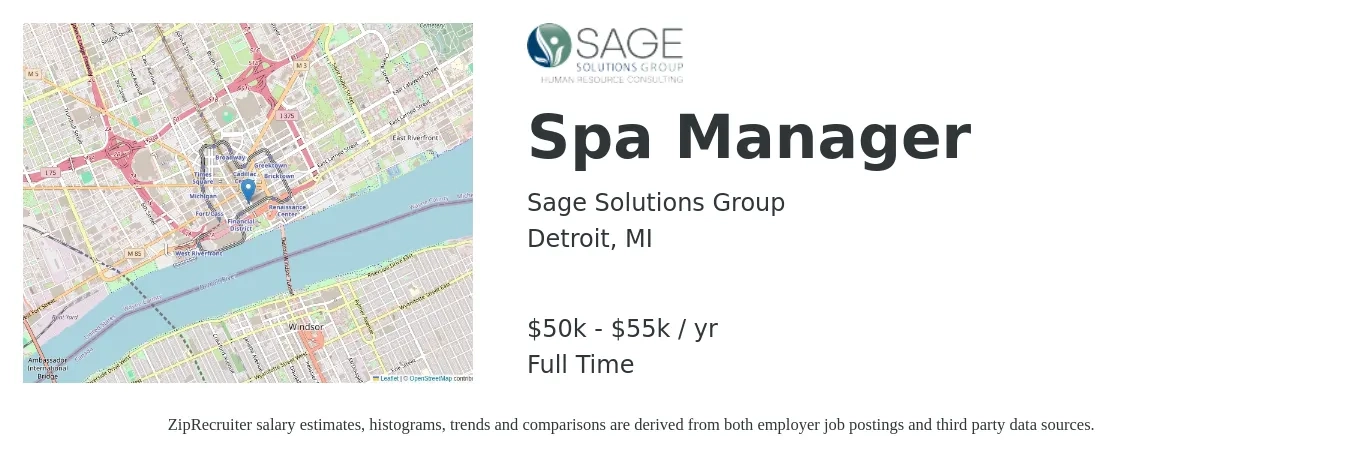Sage Solutions Group job posting for a Spa Manager in Detroit, MI with a salary of $50,000 to $55,000 Yearly with a map of Detroit location.