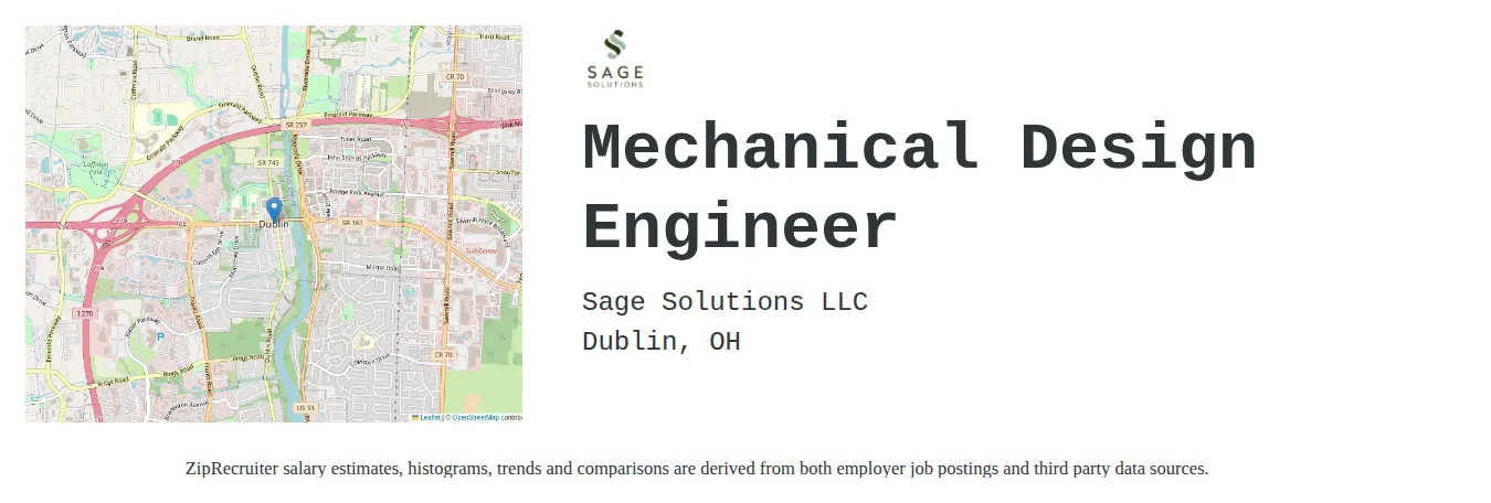 Sage Solutions LLC job posting for a Mechanical Design Engineer in Dublin, OH with a salary of $71,800 to $97,300 Annually with a map of Dublin location.