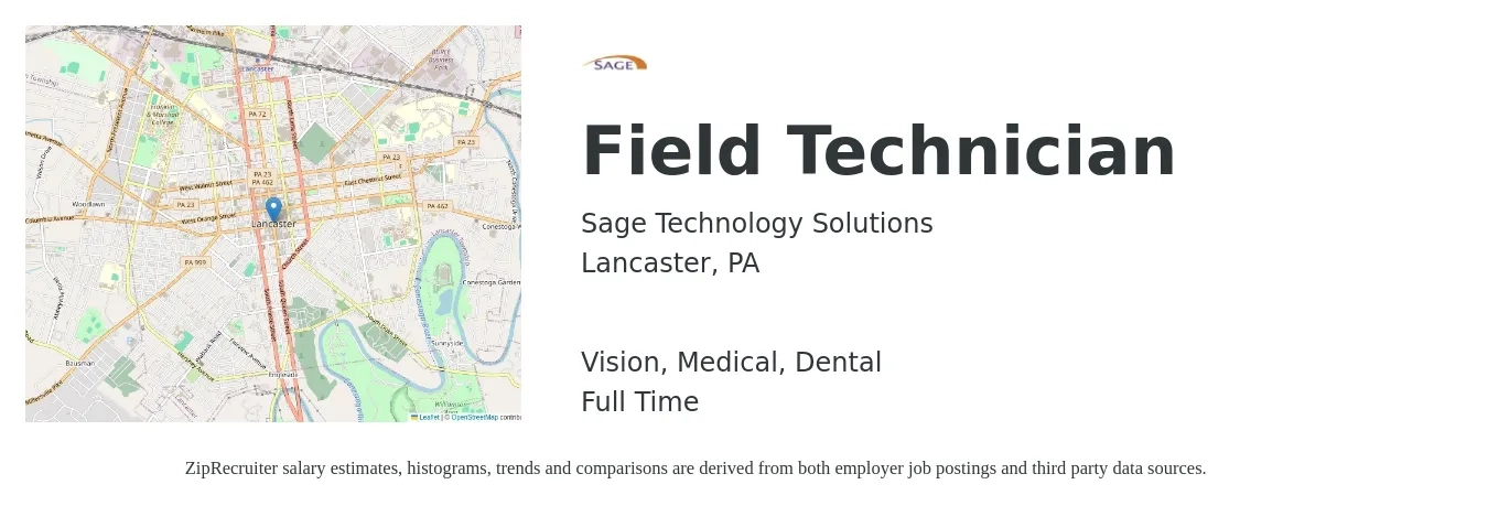 Sage Technology Solutions job posting for a Field Technician in Lancaster, PA with a salary of $19 to $26 Hourly and benefits including vision, dental, life_insurance, medical, and retirement with a map of Lancaster location.