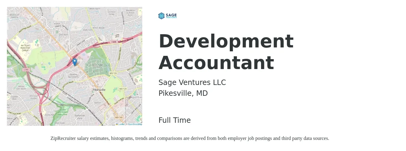 Sage Ventures LLC job posting for a Development Accountant in Pikesville, MD with a salary of $51,800 to $76,000 Yearly with a map of Pikesville location.
