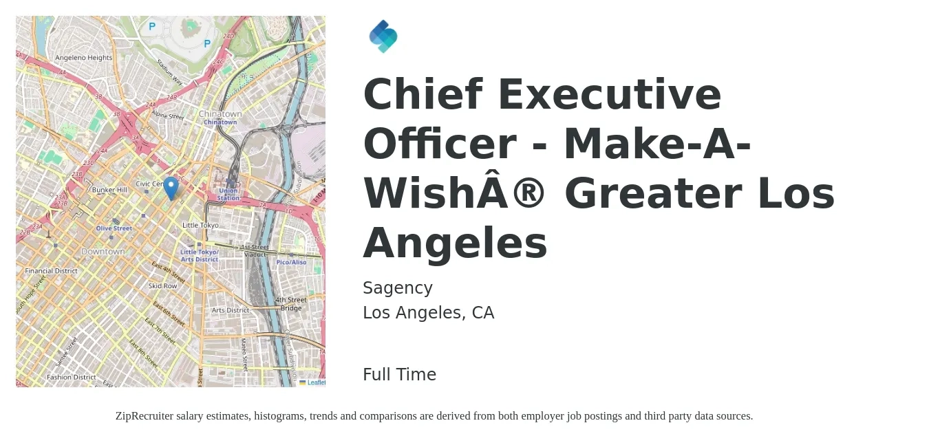 Sagency job posting for a Chief Executive Officer - Make-A-Wish Greater Los Angeles in Los Angeles, CA with a salary of $109,400 to $196,600 Yearly with a map of Los Angeles location.