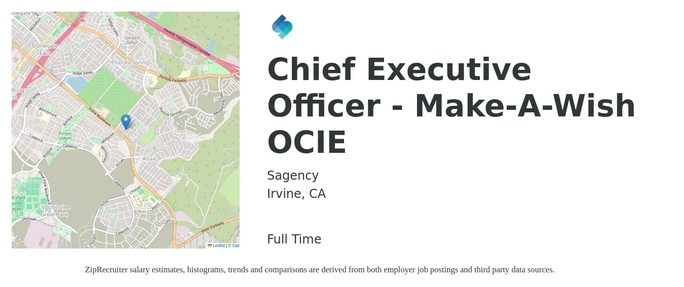 Sagency job posting for a Chief Executive Officer - Make-A-Wish OCIE in Irvine, CA with a salary of $115,100 to $169,700 Yearly with a map of Irvine location.