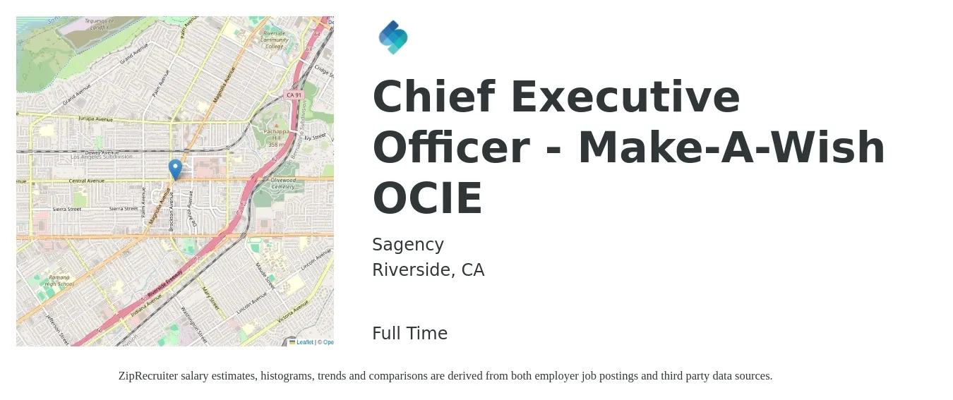 Sagency job posting for a Chief Executive Officer - Make-A-Wish OCIE in Riverside, CA with a salary of $113,200 to $166,900 Yearly with a map of Riverside location.