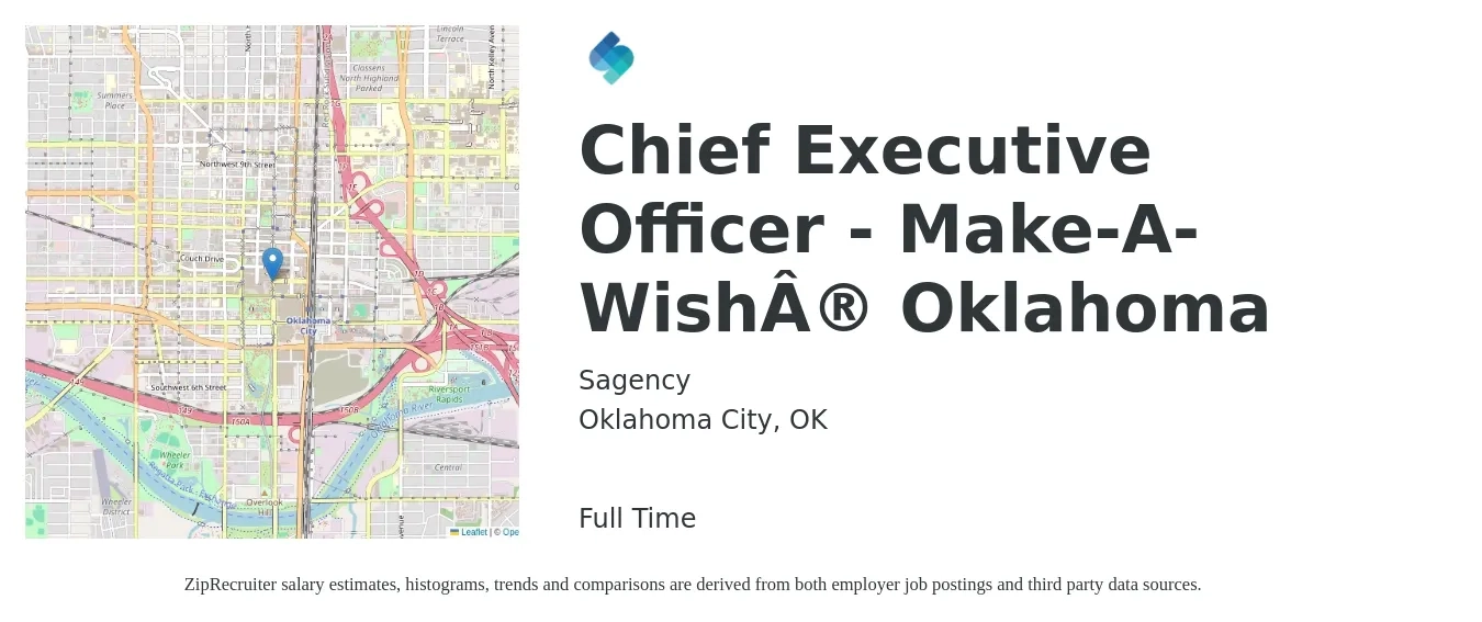 Sagency job posting for a Chief Executive Officer - Make-A-Wish Oklahoma in Oklahoma City, OK with a salary of $83,200 to $149,600 Yearly with a map of Oklahoma City location.