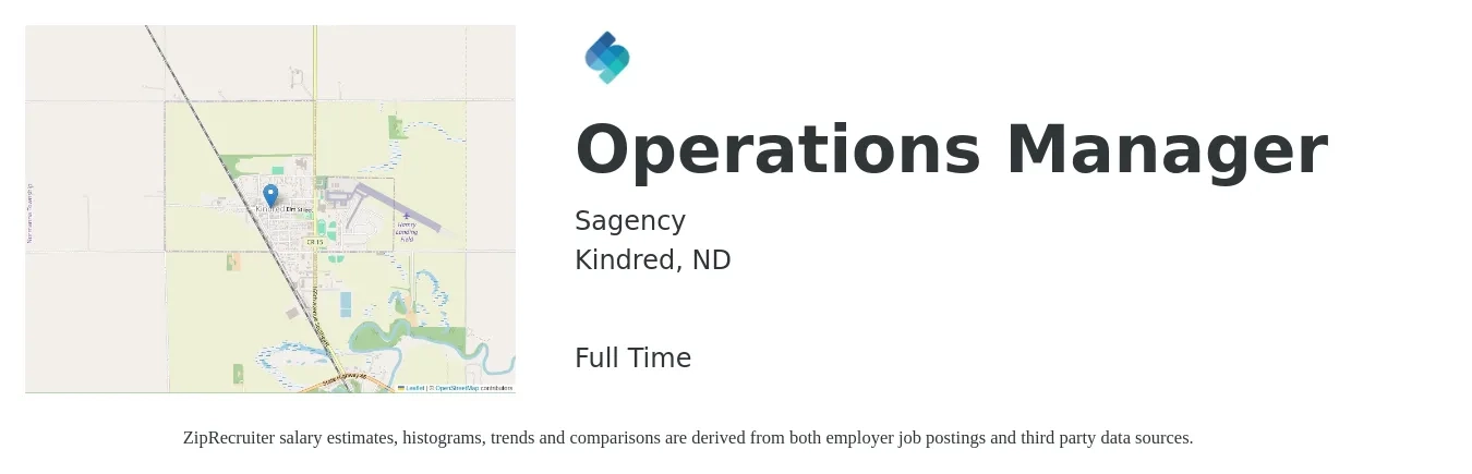 Sagency job posting for a Operations Manager in Kindred, ND with a salary of $40,300 to $76,100 Yearly with a map of Kindred location.