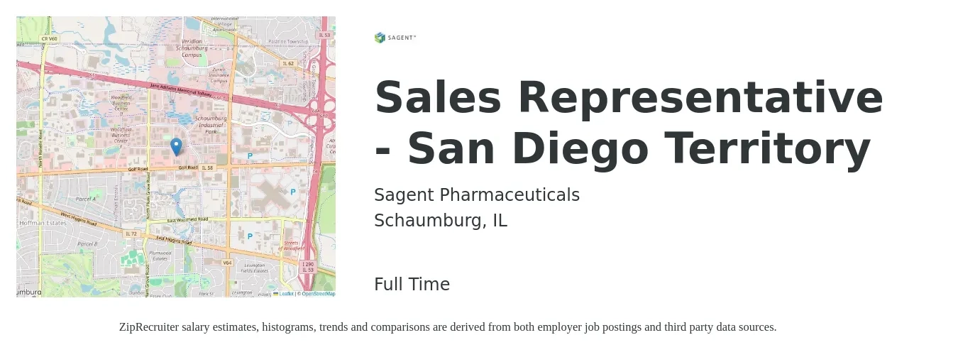 Sagent Pharmaceuticals job posting for a Sales Representative - San Diego Territory in Schaumburg, IL with a salary of $49,100 to $81,500 Yearly with a map of Schaumburg location.