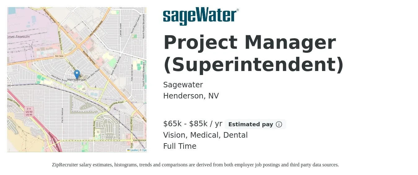Sagewater job posting for a Project Manager (Superintendent) in Henderson, NV with a salary of $65,000 to $85,000 Yearly (plus commission) and benefits including dental, life_insurance, medical, retirement, and vision with a map of Henderson location.