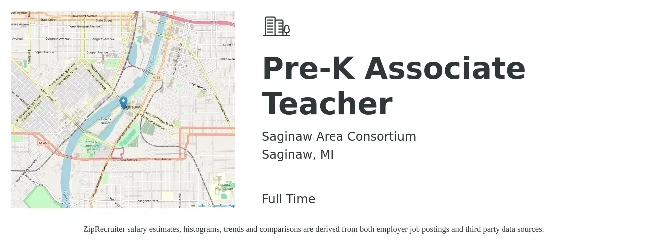 Saginaw Area Consortium job posting for a Pre-K Associate Teacher in Saginaw, MI with a salary of $14 to $20 Hourly with a map of Saginaw location.