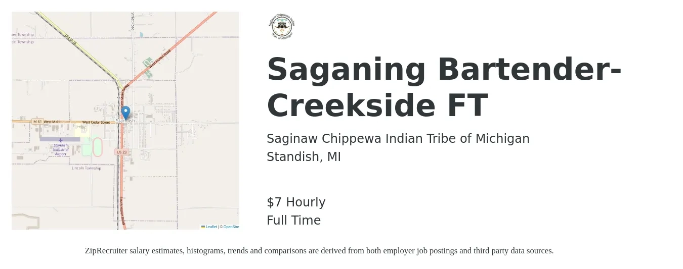 Saginaw Chippewa Indian Tribe of Michigan job posting for a Saganing Bartender-Creekside FT in Standish, MI with a salary of $8 Hourly with a map of Standish location.