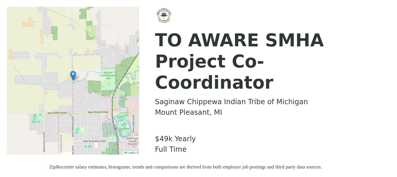 Saginaw Chippewa Indian Tribe of Michigan job posting for a TO AWARE SMHA Project Co-Coordinator in Mount Pleasant, MI with a salary of $49,462 Yearly with a map of Mount Pleasant location.