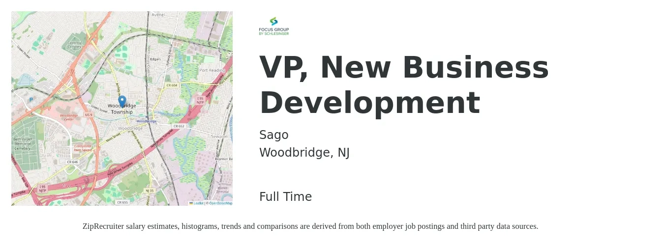 Sago job posting for a VP, New Business Development in Woodbridge, NJ with a salary of $120,100 to $194,900 Yearly with a map of Woodbridge location.