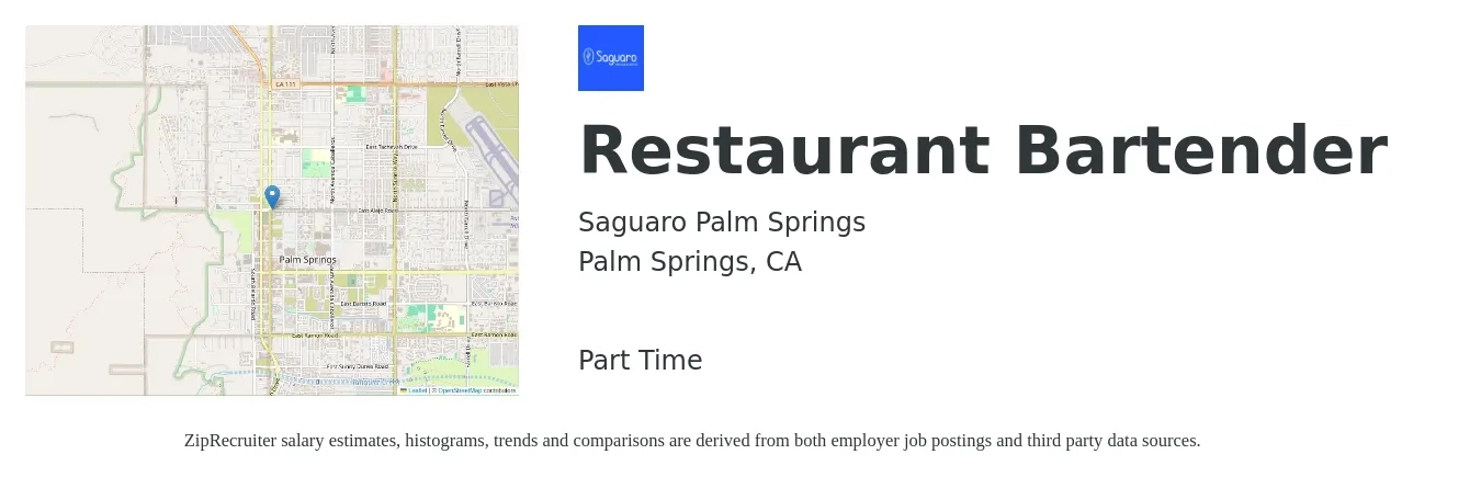 Saguaro Palm Springs job posting for a Restaurant Bartender in Palm Springs, CA with a salary of $10 to $18 Hourly with a map of Palm Springs location.
