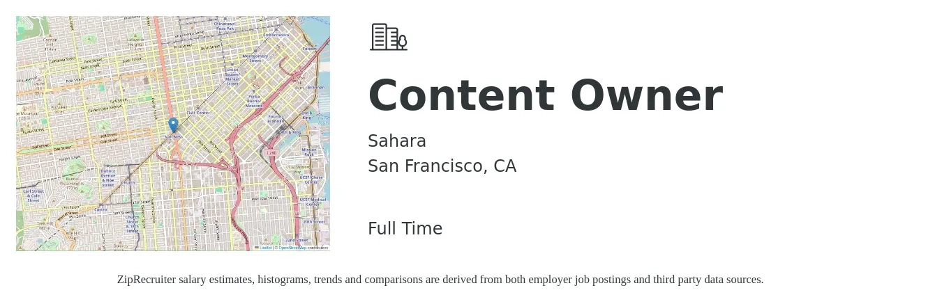 Sahara job posting for a Content Owner in San Francisco, CA with a salary of $32 to $55 Hourly with a map of San Francisco location.