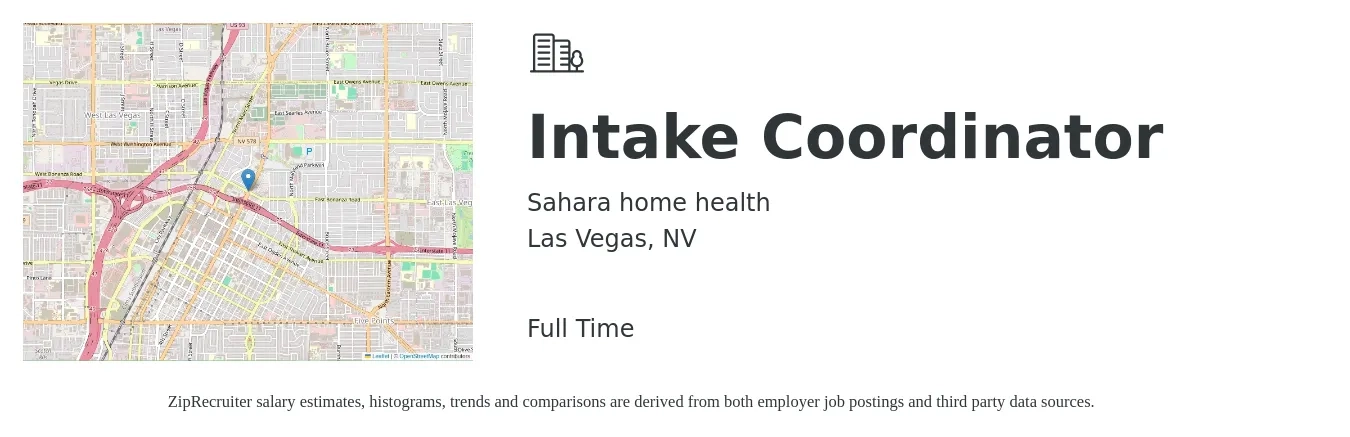 Sahara home health job posting for a Intake Coordinator in Las Vegas, NV with a salary of $15 to $20 Hourly and benefits including pto, and medical with a map of Las Vegas location.