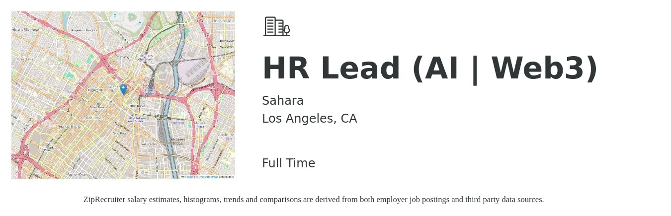 Sahara job posting for a HR Lead (AI | Web3) in Los Angeles, CA with a salary of $95,400 to $147,100 Yearly with a map of Los Angeles location.