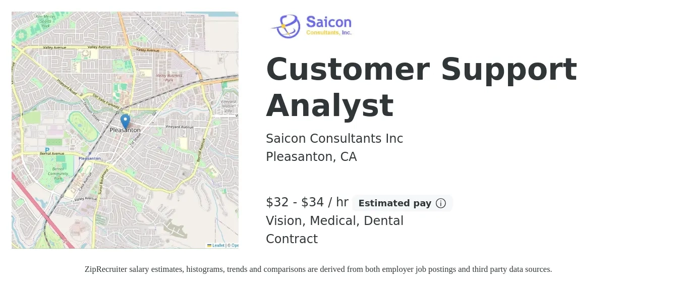 Saicon Consultants Inc job posting for a Customer Support Analyst in Pleasanton, CA with a salary of $34 to $36 Hourly and benefits including dental, life_insurance, medical, and vision with a map of Pleasanton location.
