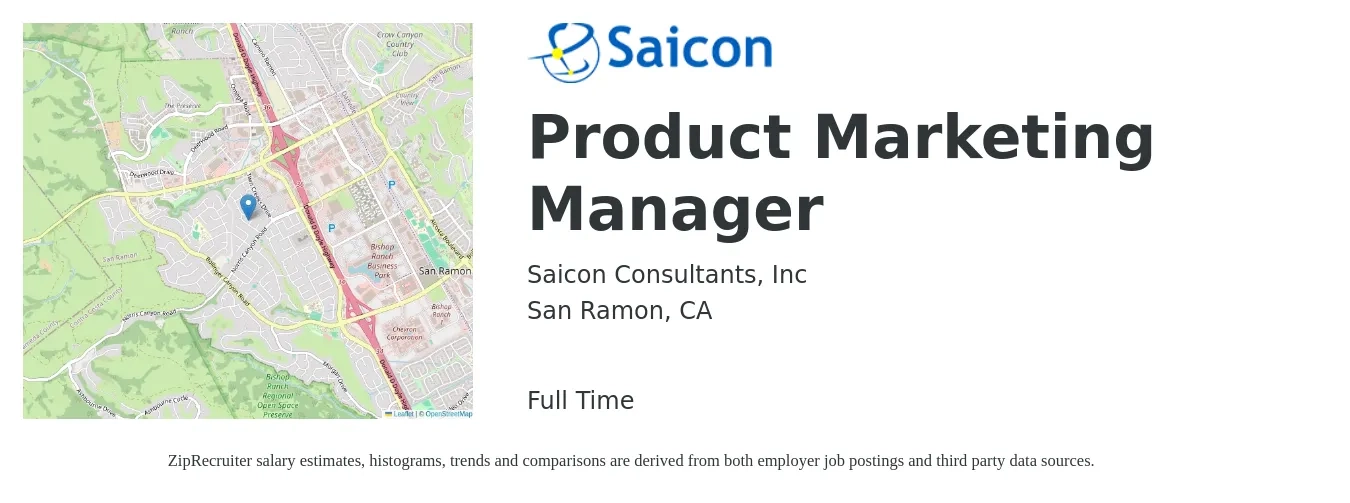Saicon Consultants, Inc job posting for a Product Marketing Manager in San Ramon, CA with a salary of $172,100 Yearly with a map of San Ramon location.