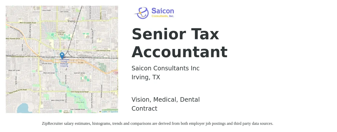 Saicon Consultants Inc job posting for a Senior Tax Accountant in Irving, TX with a salary of $76,100 to $97,500 Yearly and benefits including dental, life_insurance, medical, pto, retirement, and vision with a map of Irving location.
