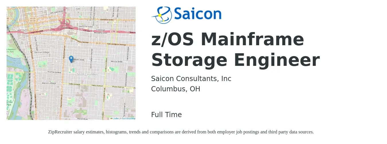 Saicon Consultants, Inc job posting for a z/OS Mainframe Storage Engineer in Columbus, OH with a salary of $47 to $61 Hourly with a map of Columbus location.