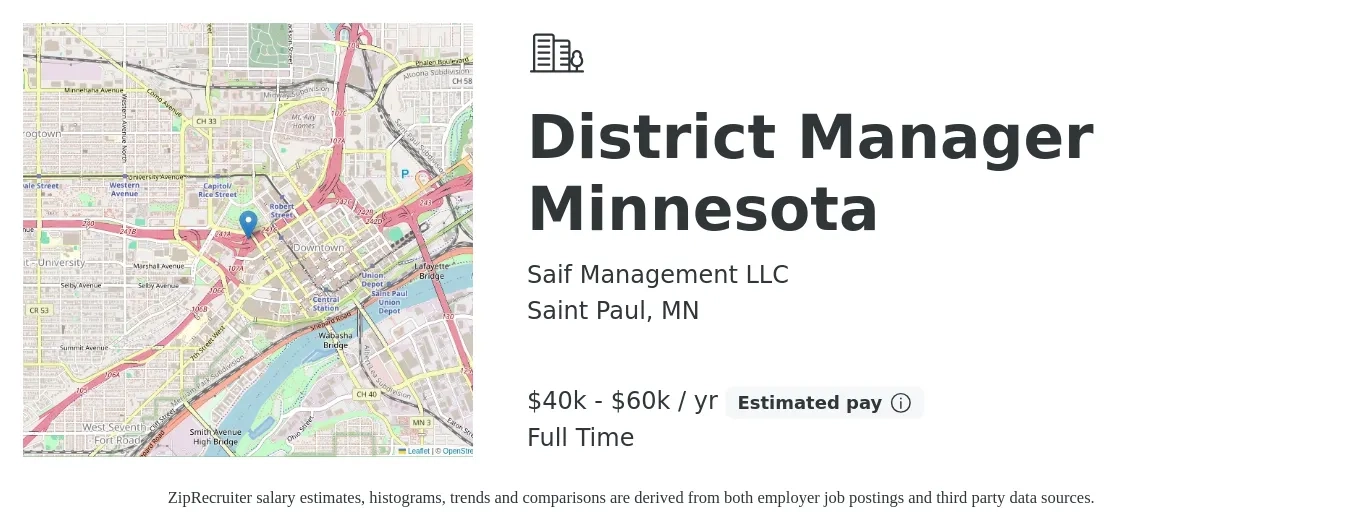 Saif Management LLC job posting for a District Manager Minnesota in Saint Paul, MN with a salary of $40,000 to $60,000 Yearly with a map of Saint Paul location.