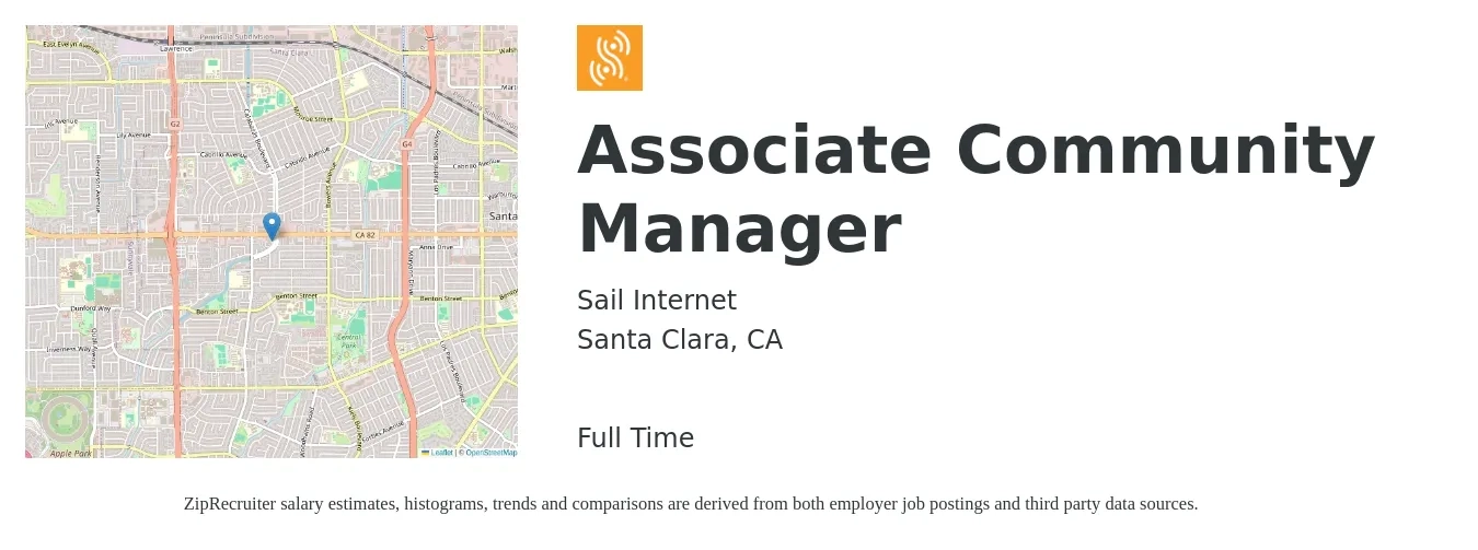 Sail Internet job posting for a Associate Community Manager in Santa Clara, CA with a salary of $20 to $28 Hourly with a map of Santa Clara location.