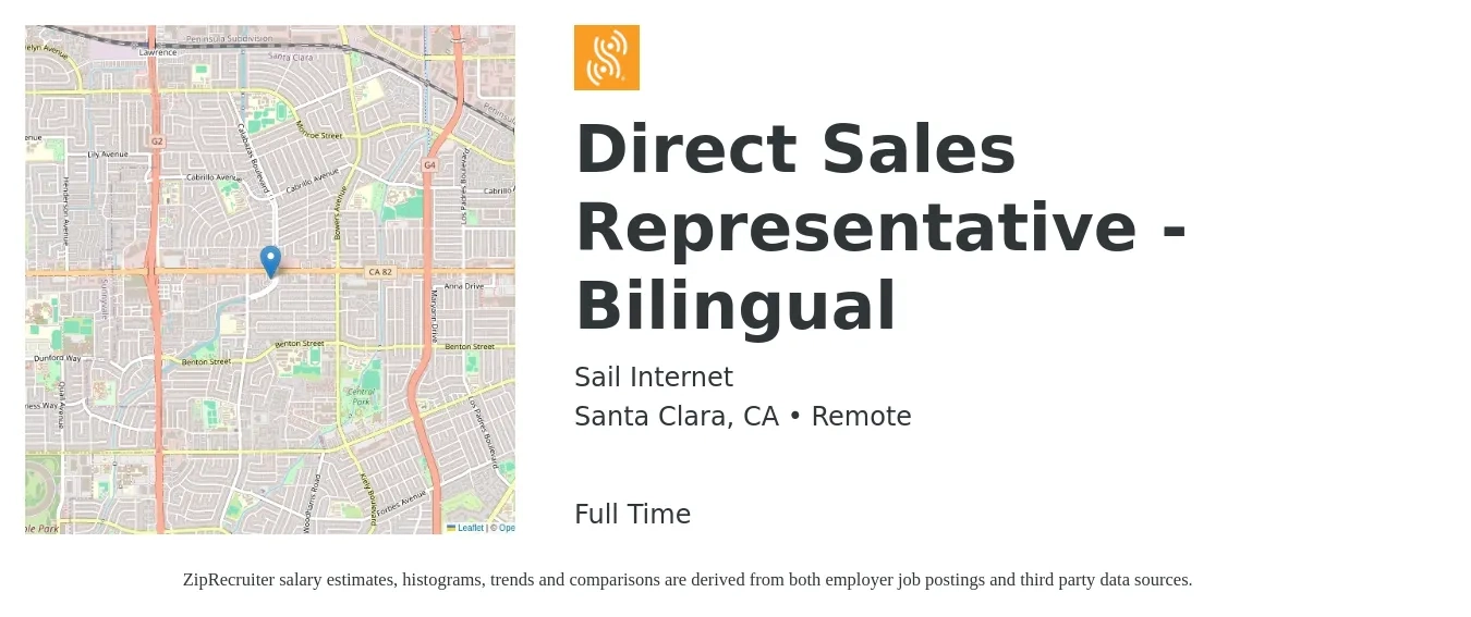 Sail Internet job posting for a Direct Sales Representative - Bilingual in Santa Clara, CA with a salary of $19 to $35 Hourly with a map of Santa Clara location.
