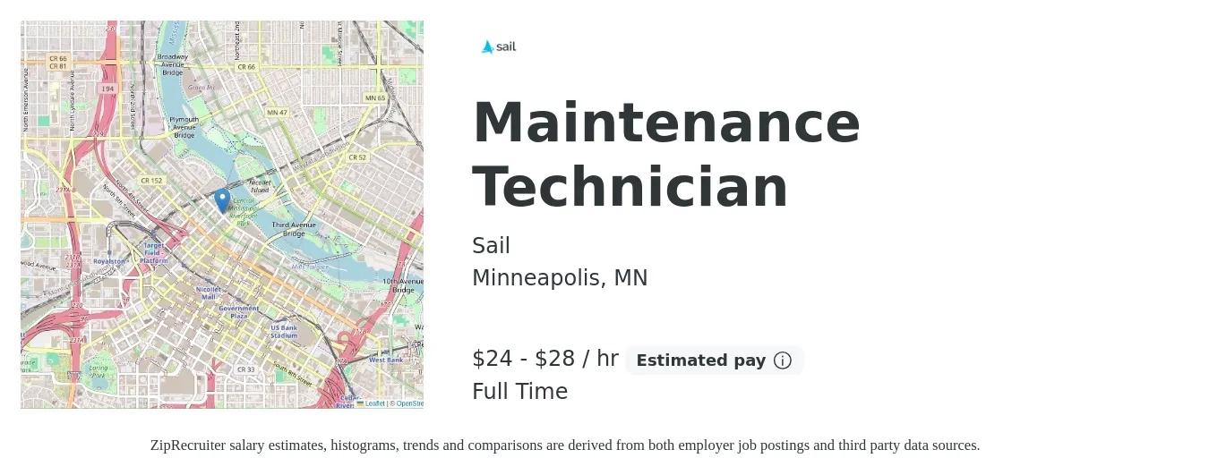 Sail job posting for a Maintenance Technician in Minneapolis, MN with a salary of $25 to $30 Hourly with a map of Minneapolis location.