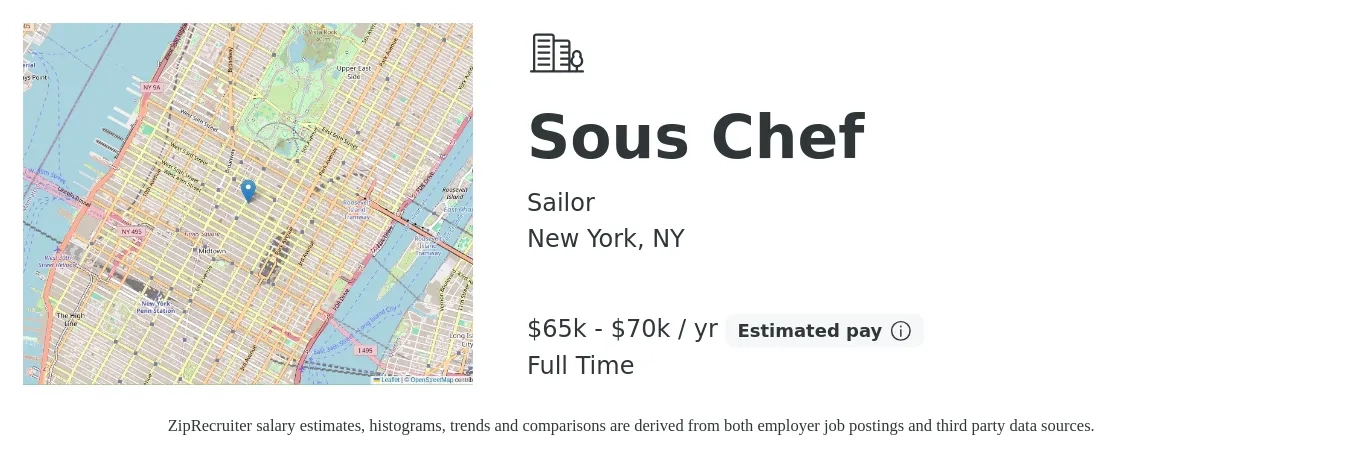 Sailor job posting for a Sous Chef in New York, NY with a salary of $65,000 to $70,000 Yearly with a map of New York location.