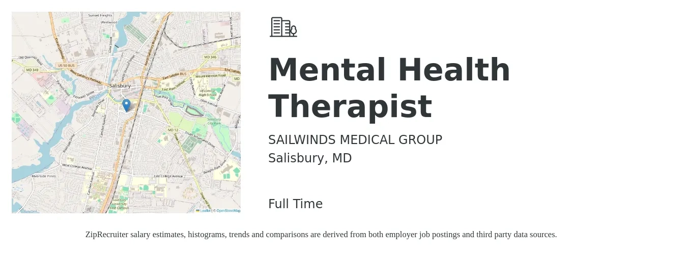 SAILWINDS MEDICAL GROUP job posting for a Mental Health Therapist in Salisbury, MD with a salary of $59,200 to $83,900 Yearly with a map of Salisbury location.