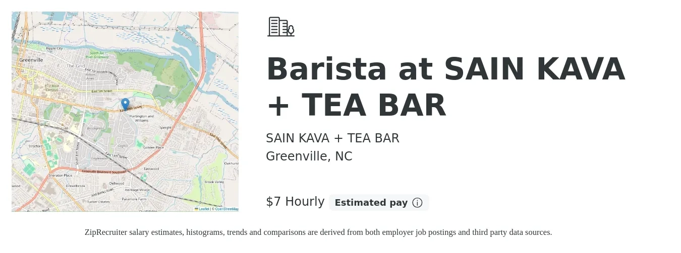 SAIN KAVA + TEA BAR job posting for a Barista at SAIN KAVA + TEA BAR in Greenville, NC with a salary of $8 Hourly with a map of Greenville location.