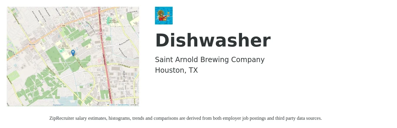 Saint Arnold Brewing Company job posting for a Dishwasher in Houston, TX with a salary of $11 to $14 Hourly with a map of Houston location.