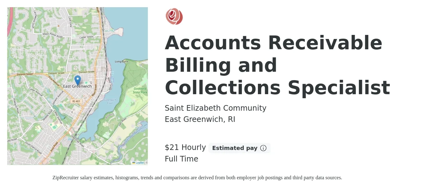 Saint Elizabeth Community job posting for a Accounts Receivable Billing and Collections Specialist in East Greenwich, RI with a salary of $22 Hourly with a map of East Greenwich location.