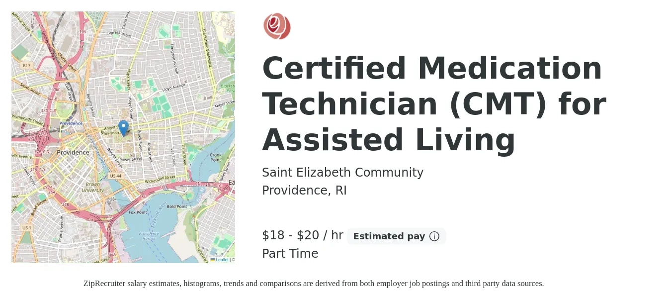 Saint Elizabeth Community job posting for a Certified Medication Technician (CMT) for Assisted Living in Providence, RI with a salary of $19 to $21 Hourly with a map of Providence location.