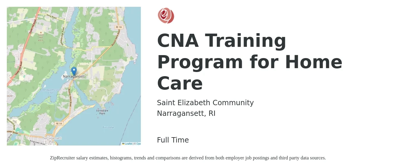 Saint Elizabeth Community job posting for a CNA Training Program for Home Care in Narragansett, RI with a salary of $17 to $23 Hourly with a map of Narragansett location.