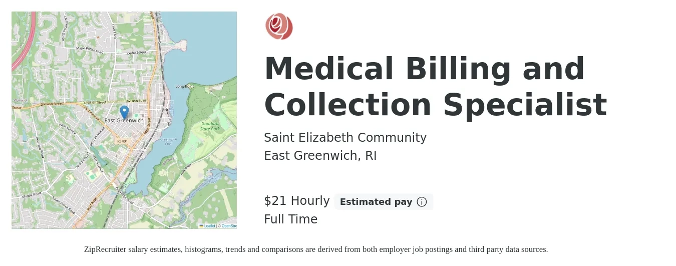 Saint Elizabeth Community job posting for a Medical Billing and Collection Specialist in East Greenwich, RI with a salary of $22 Hourly with a map of East Greenwich location.