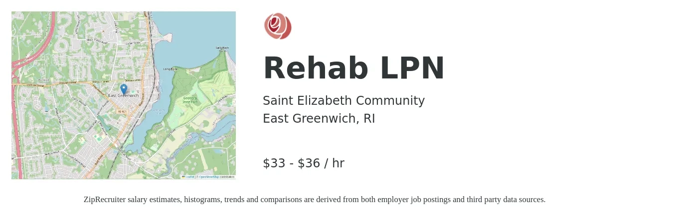 Saint Elizabeth Community job posting for a Rehab LPN in East Greenwich, RI with a salary of $35 to $38 Hourly with a map of East Greenwich location.