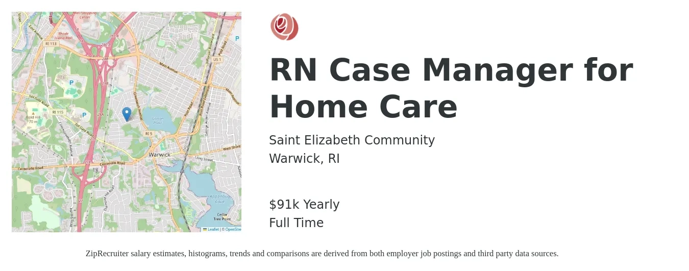 Saint Elizabeth Community job posting for a RN Case Manager for Home Care in Warwick, RI with a salary of $85,280 to $91,500 Yearly with a map of Warwick location.