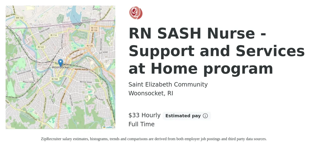 Saint Elizabeth Community job posting for a RN SASH Nurse - Support and Services at Home program in Woonsocket, RI with a salary of $35 Hourly with a map of Woonsocket location.
