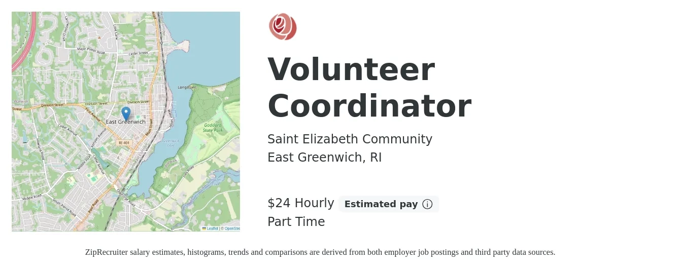 Saint Elizabeth Community job posting for a Volunteer Coordinator in East Greenwich, RI with a salary of $25 Hourly with a map of East Greenwich location.