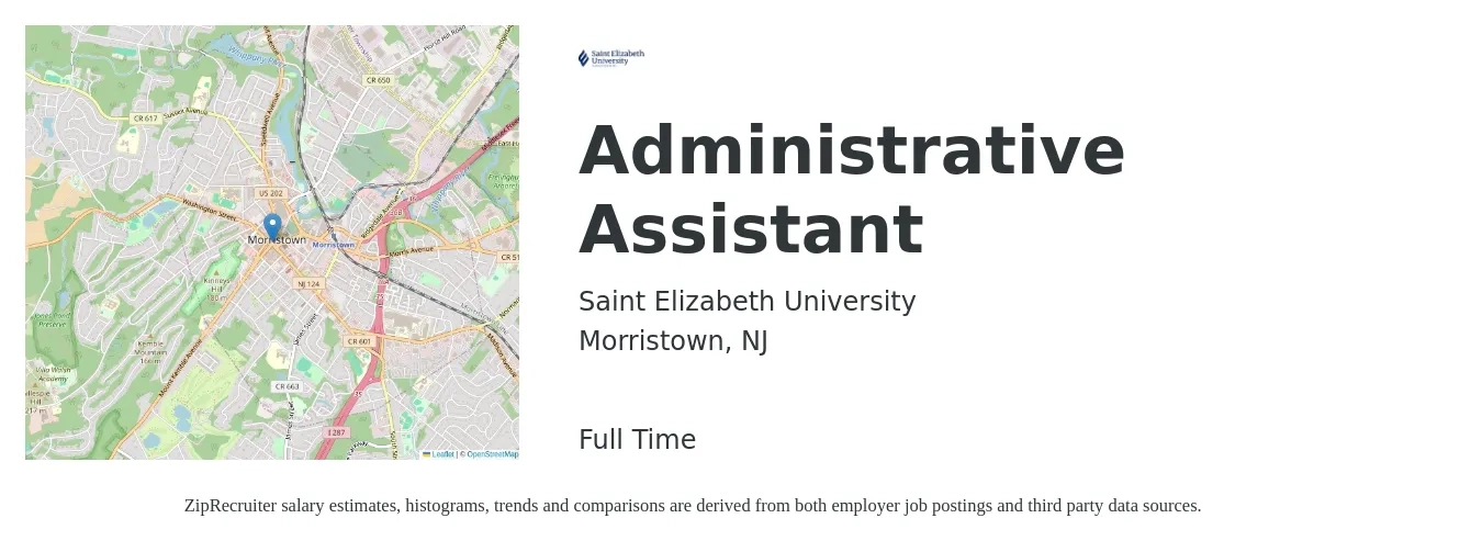 Saint Elizabeth University job posting for a Administrative Assistant in Morristown, NJ with a salary of $18 to $25 Hourly with a map of Morristown location.
