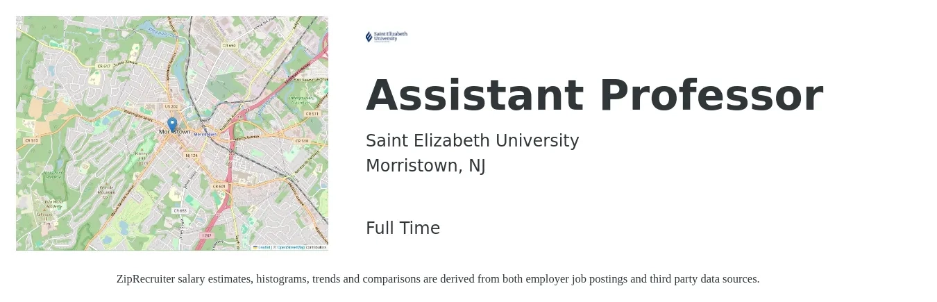 Saint Elizabeth University job posting for a Assistant Professor in Morristown, NJ with a salary of $62,000 to $94,500 Yearly with a map of Morristown location.